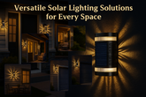 Solar lighting solutions for outdoor use with text 'Versatile Solar Lighting Solutions for Every Space'.
